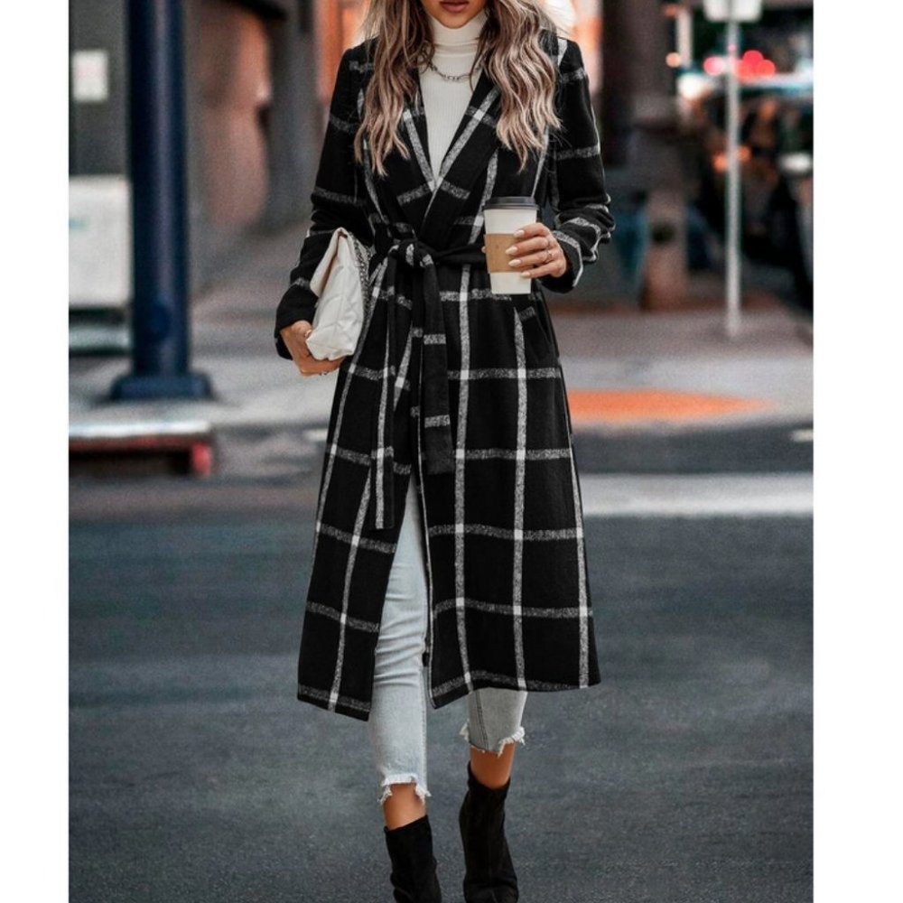Contemporary Black white Plaid Print Shawl Collar Belted Overcoat Jacket Coat - Picture 5 of 7